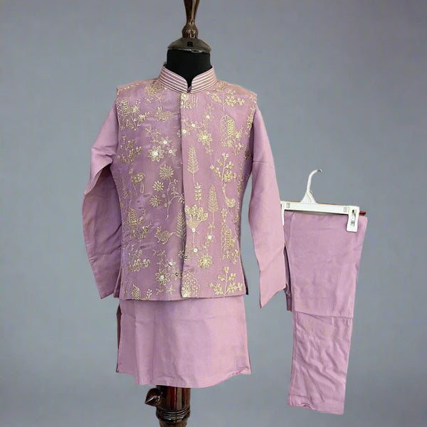 Ethnic purple kurta pyjama set with embroidered waistcoat, top-rated kidswear shop Jaipur