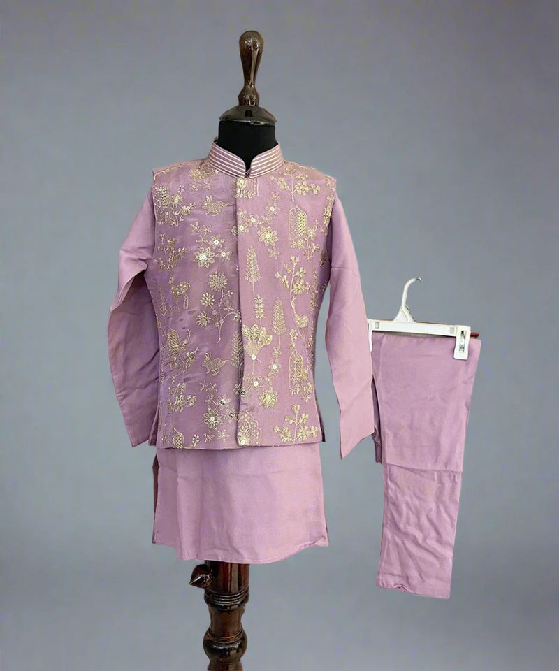 Ethnic purple kurta pyjama set with embroidered waistcoat, top-rated kidswear shop Jaipur