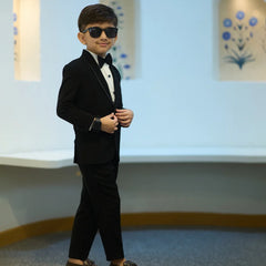 Childrens tuxedo black suit with red pocket square, designer Jaipur outfit