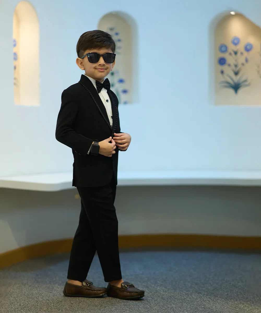 Childrens tuxedo black suit with red pocket square, designer Jaipur outfit