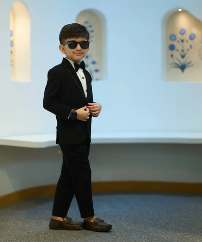 Childrens tuxedo black suit with red pocket square, designer Jaipur outfit