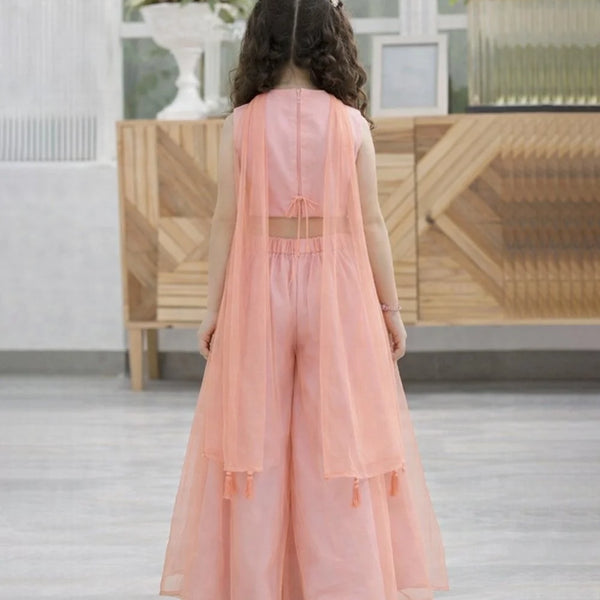 Person wearing a peach-colored dress standing in a room with wooden furniture.