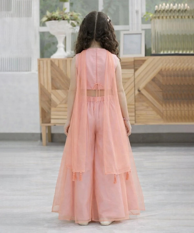 Person wearing a peach-colored dress standing in a room with wooden furniture.