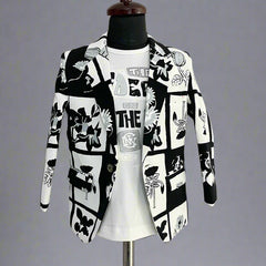 Black and White Colored Self-Printed Blazer Set for Boys