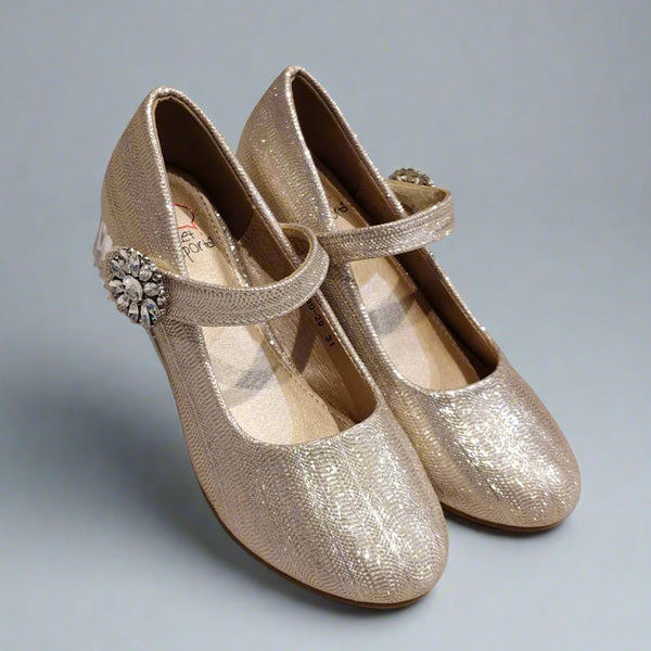 Champagne gold Mary Jane party shoes for girls with crystal brooch strap, Jaipur, ages 1–8 years