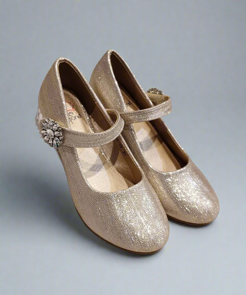 Champagne gold Mary Jane party shoes for girls with crystal brooch strap, Jaipur, ages 1–8 years