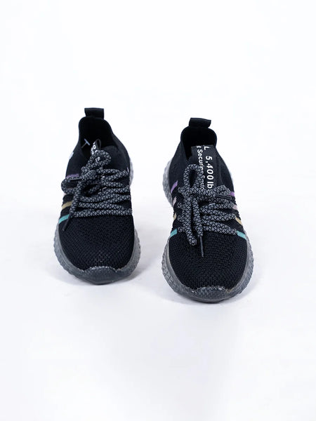 black knit running sneakers with transparent sole and reflective laces, Jaipur, ages 1–8 years