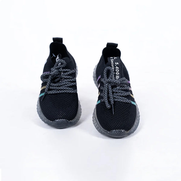 black knit running sneakers with transparent sole and reflective laces, Jaipur, ages 1–8 years