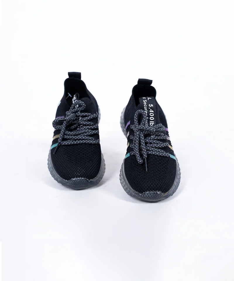 black knit running sneakers with transparent sole and reflective laces, Jaipur, ages 1–8 years