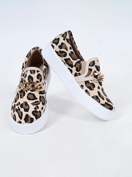 Girls' leopard print slip-on sneakers with gold chain detail, Jaipur, ages 1–8 years