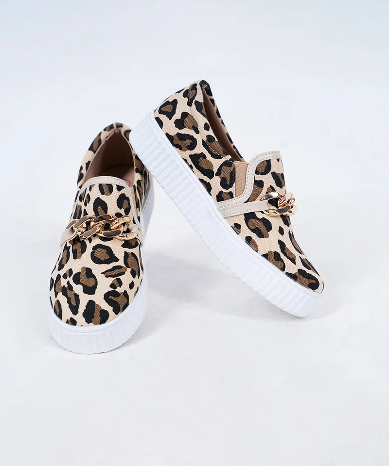 Girls' leopard print slip-on sneakers with gold chain detail, Jaipur, ages 1–8 years