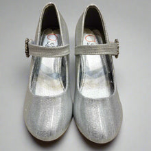 Close-up of girls' silver party ballerina shoes with woven finish and decorative buckle, Jaipur

