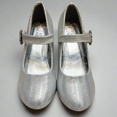 Close-up of girls' silver party ballerina shoes with woven finish and decorative buckle, Jaipur


