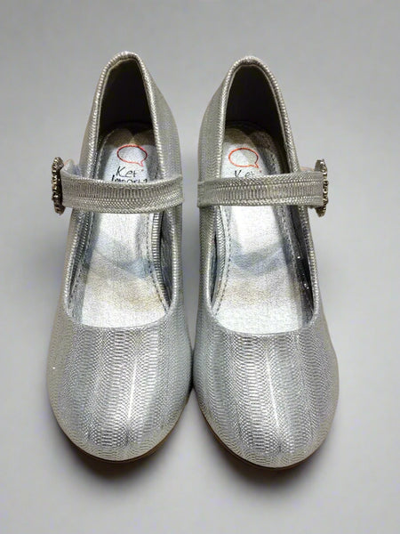 Close-up of girls' silver party ballerina shoes with woven finish and decorative buckle, Jaipur

