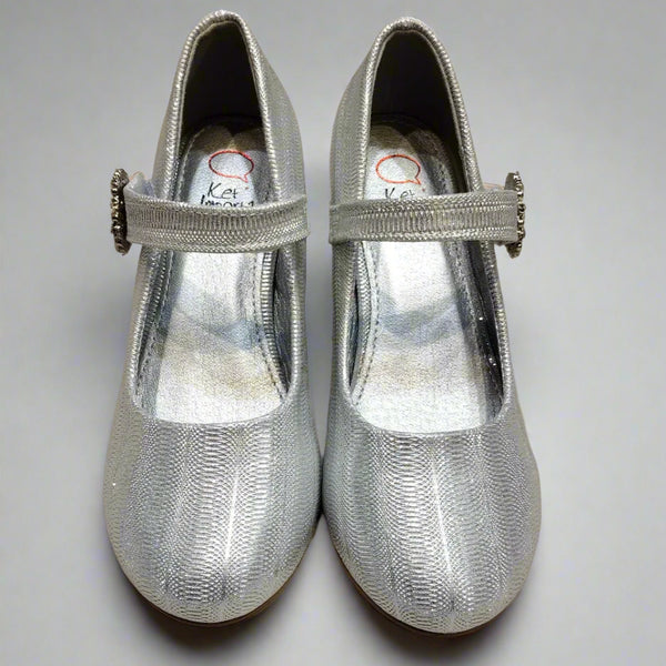 Close-up of girls' silver party ballerina shoes with woven finish and decorative buckle, Jaipur

