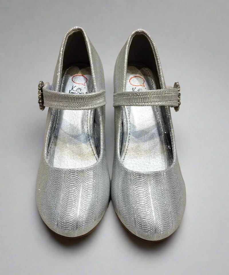 Close-up of girls' silver party ballerina shoes with woven finish and decorative buckle, Jaipur

