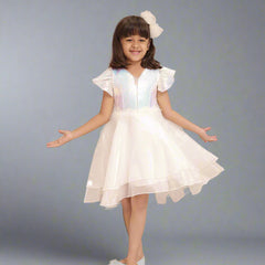 White up-and-down birthday frock for girls with bow, Jaipur kidswear showroom