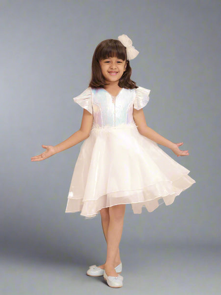 White up-and-down birthday frock for girls with bow, Jaipur kidswear showroom