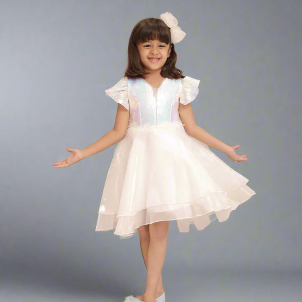 White up-and-down birthday frock for girls with bow, Jaipur kidswear showroom