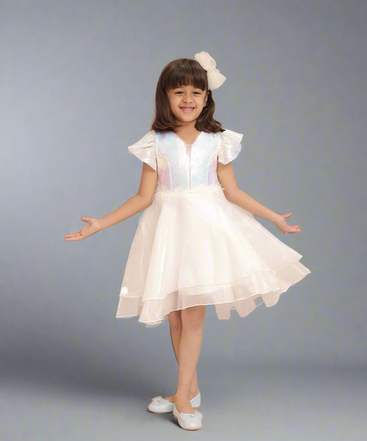 White up-and-down birthday frock for girls with bow, Jaipur kidswear showroom