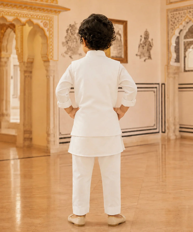 Devils N Angels White Embroidered Jacket Kurta Pyjama Set for Boys