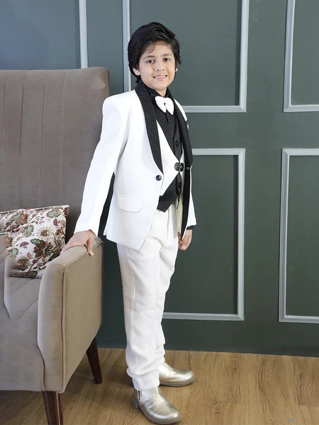 Elegant self-textured white tuxedo set for boys Jaipur shop