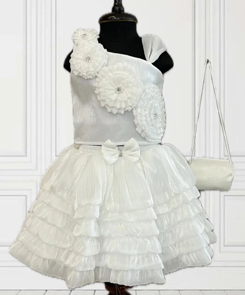 flower detailed fancy white top with white skirt & a bag for baby girls 