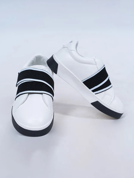 Boys' white sneakers with black double Velcro straps, Jaipur, ages 1–8 years