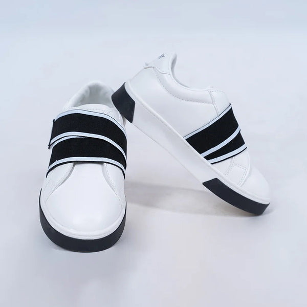 Boys' white sneakers with black double Velcro straps, Jaipur, ages 1–8 years