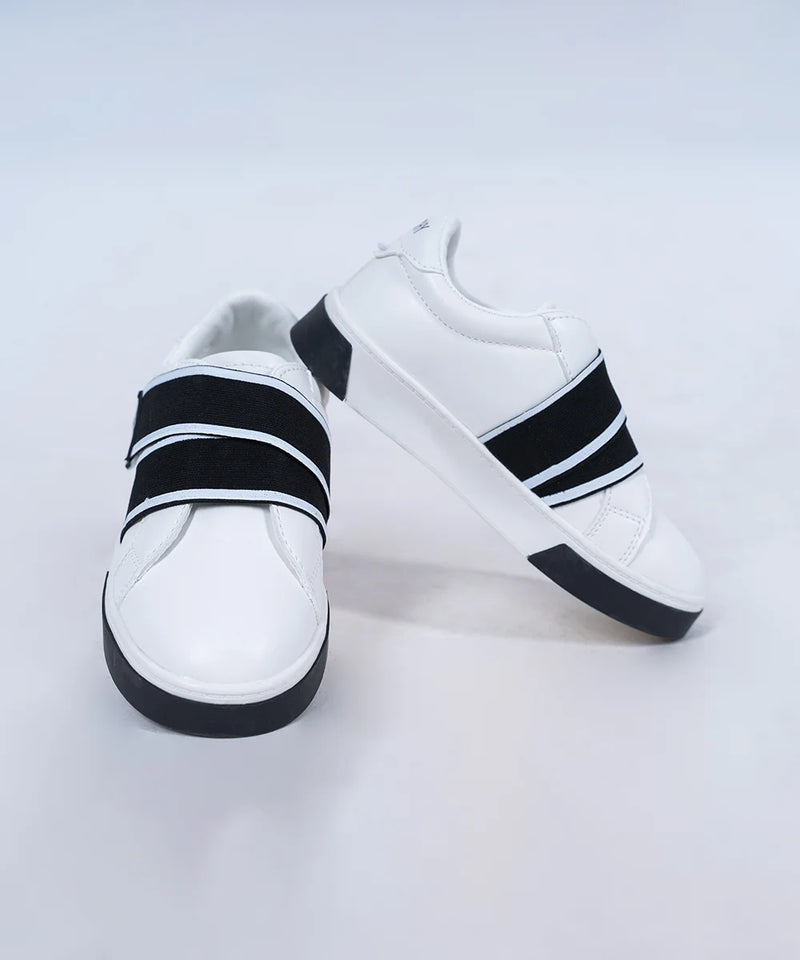 Boys' white sneakers with black double Velcro straps, Jaipur, ages 1–8 years