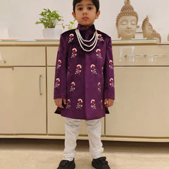 Wine velvet bandhgala sherwani with moti mala for boys, Jaipur kids partywear