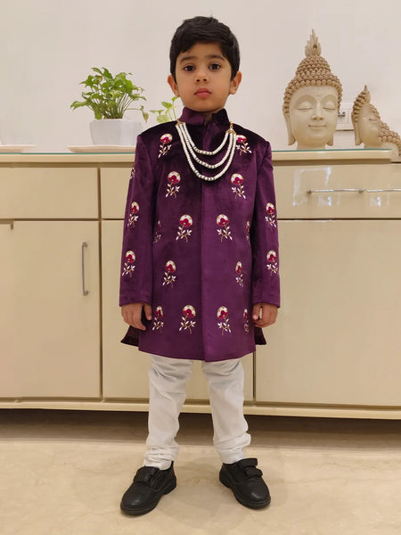 Wine velvet bandhgala sherwani with moti mala for boys, Jaipur kids partywear