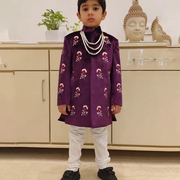 Wine velvet bandhgala sherwani with moti mala for boys, Jaipur kids partywear