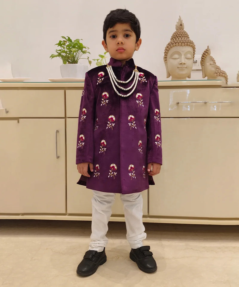 Wine velvet bandhgala sherwani with moti mala for boys, Jaipur kids partywear
