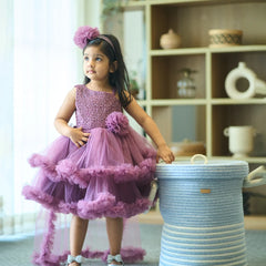 Wine frock for girls with cape, floral detailing, and ruffle edges, Jaipur