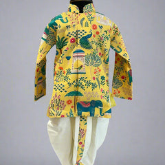 A yellow colored printed dhoti kurta set for boys displayed on a mannequin, featuring a floral and animal pattern.