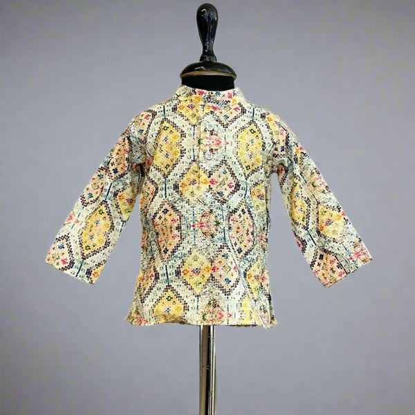 It is a self-printed multi Colored kurta pyjama set that creates a spotlight of its own. 