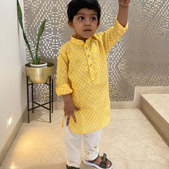 It is a self-checked smart kurta for a kid boy that comes with a matching pyjama.